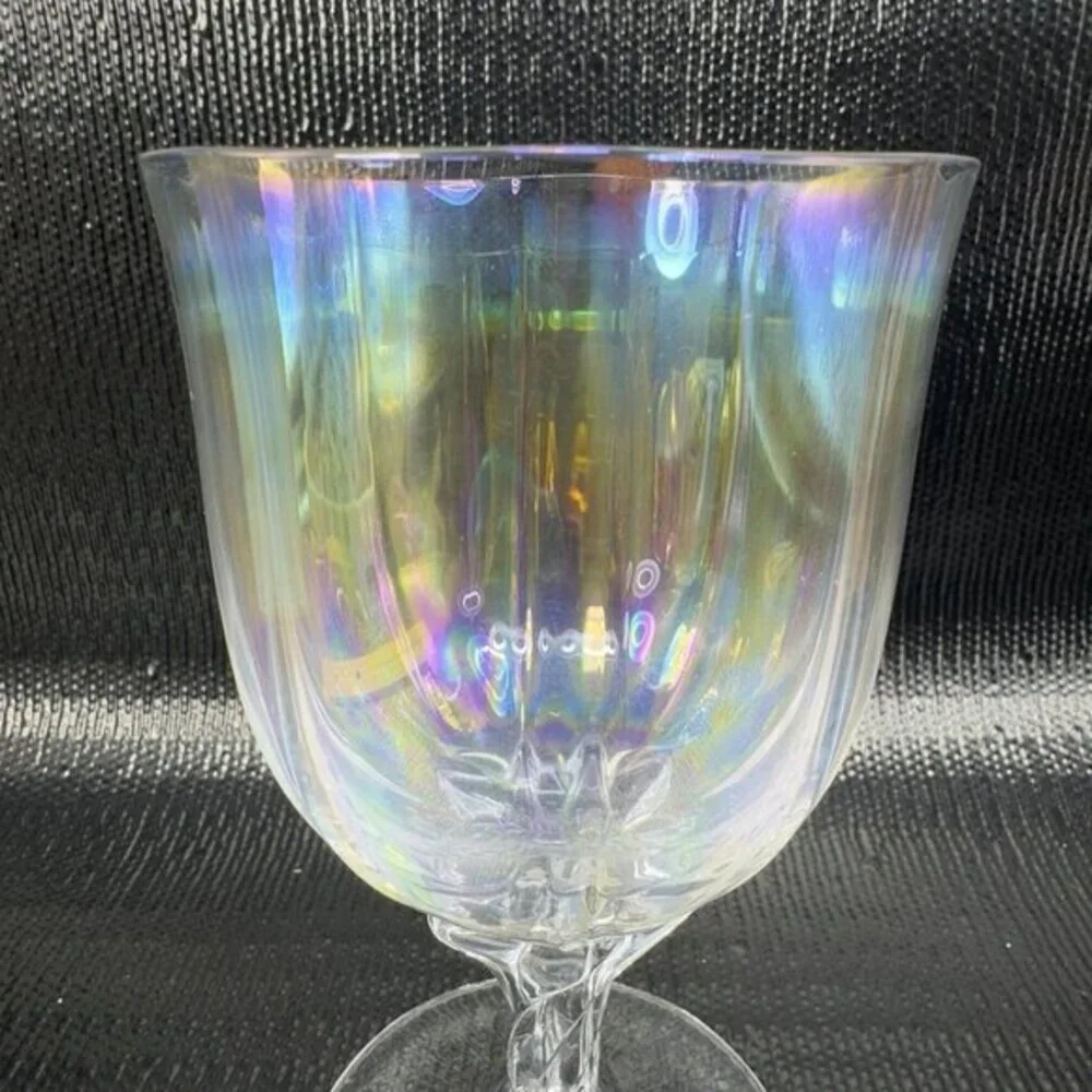 Vintage Iridescent Glass Footed Glasses Cups Drinking Goblets Twisted Stem Set 3
